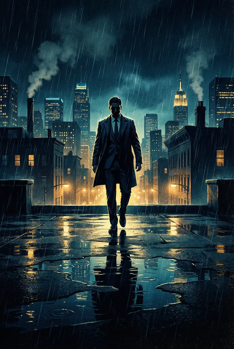 一楼一凤官网 出品影片《雨夜独行者》海报，雨中城市屋顶男性剪影